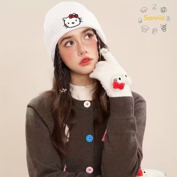 Hello Kitty Embroidered Ladies Winter White Beanie Hat With Cuff NWT - Picture 5 of 6